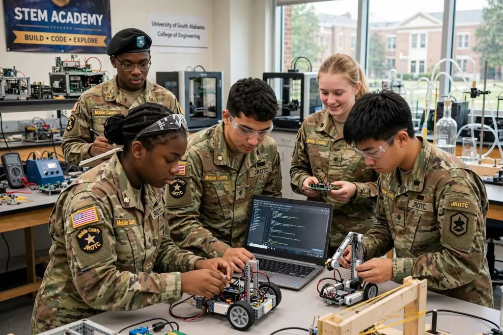 Illustration for the news story: Mobile County JROTC Cadets Trade Drills for Robotics in New STEM Academy