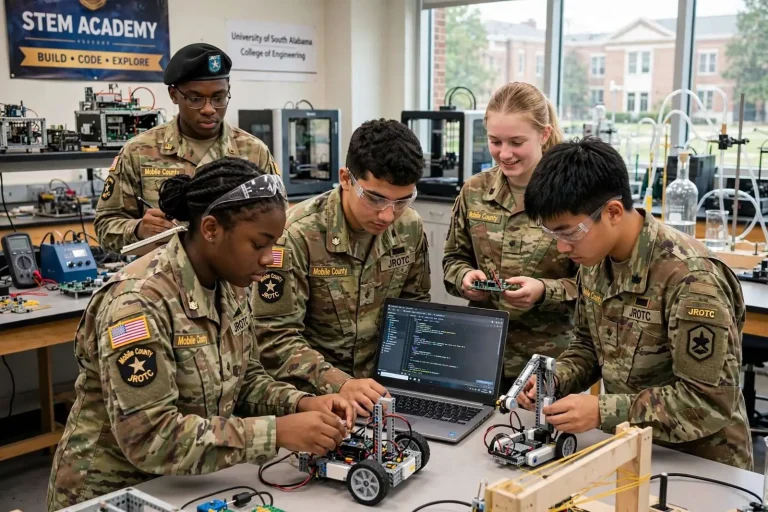 Illustration for the news story: Mobile County JROTC Cadets Trade Drills for Robotics in New STEM Academy
