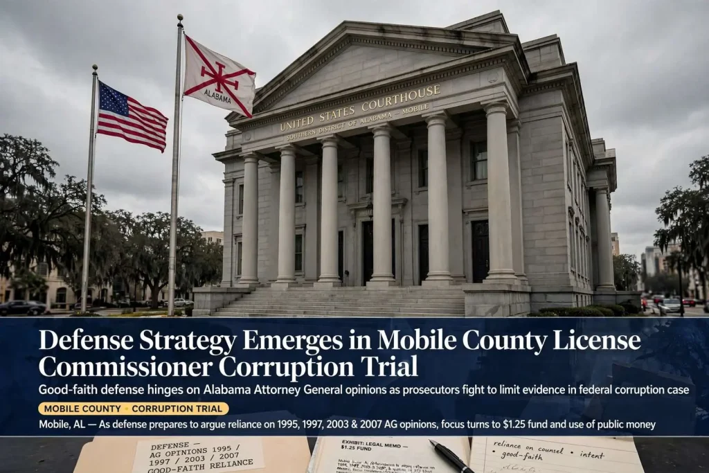 Illustration for the news story: Defense Strategy Emerges in Mobile County License Commissioner Corruption Trial