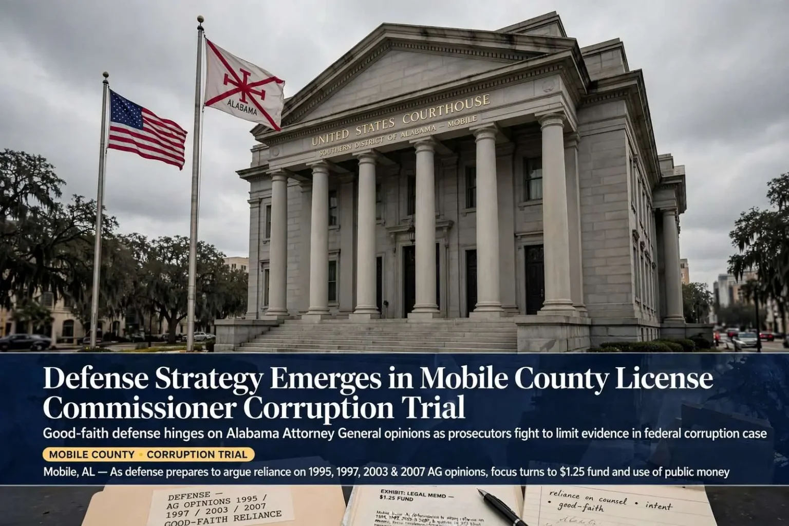 Illustration for the news story: Defense Strategy Emerges in Mobile County License Commissioner Corruption Trial