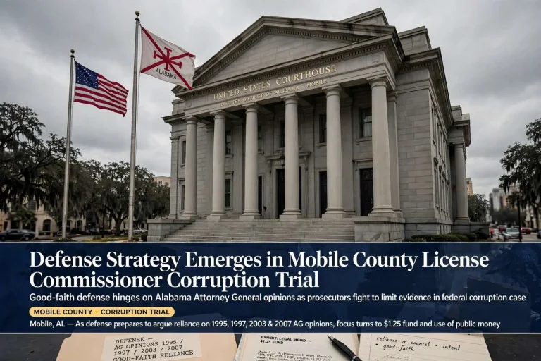 Illustration for the news story: Defense Strategy Emerges in Mobile County License Commissioner Corruption Trial