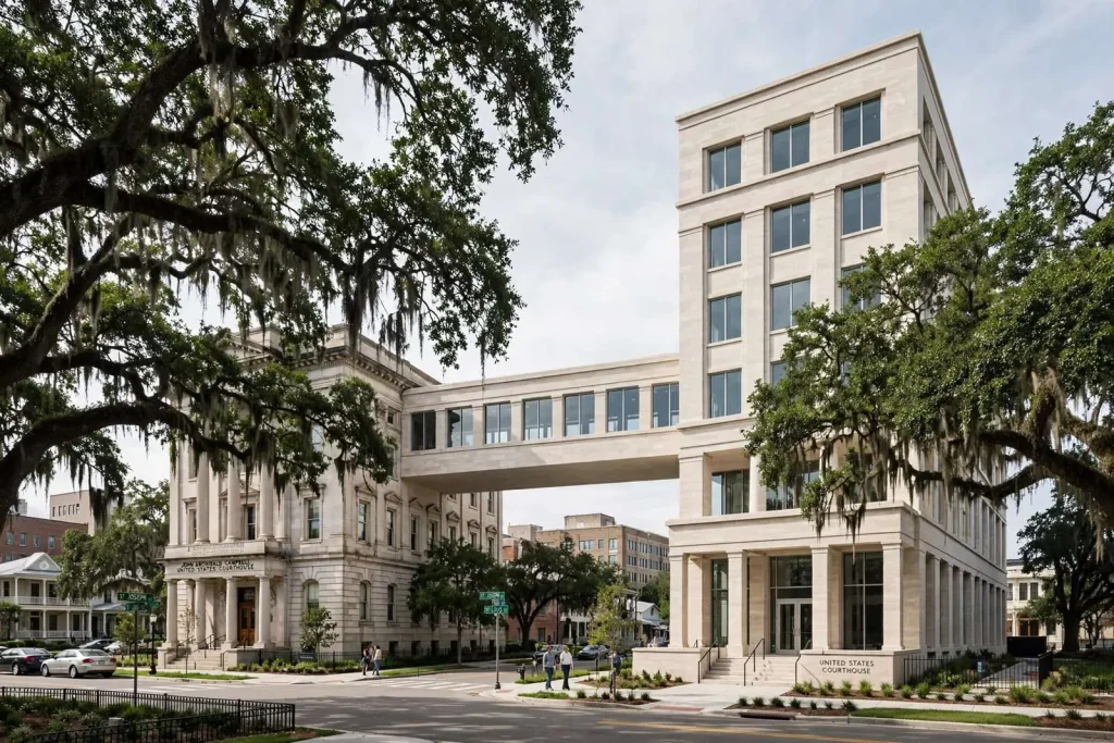 Illustration for the news story: New Federal Courthouse Designed as ‘Bridge’ for Downtown Mobile