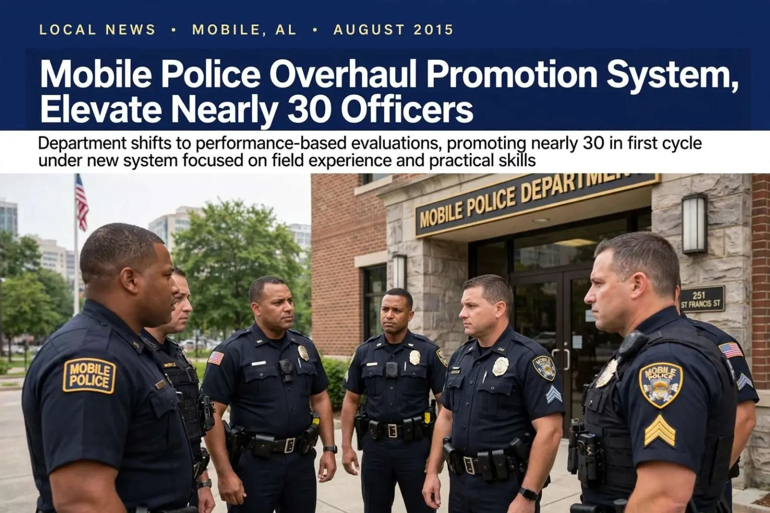 Illustration for the news story: Mobile Police Overhaul Promotion System, Elevate Nearly 30 Officers