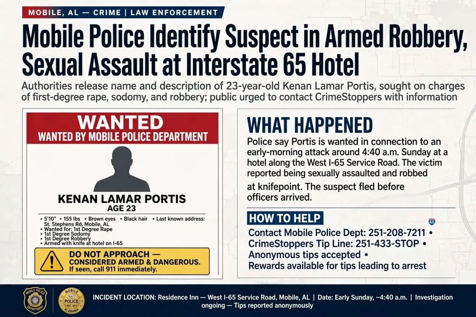 Illustration for the news story: Mobile Police Identify Suspect in Armed Robbery, Sexual Assault at Interstate 65 Hotel