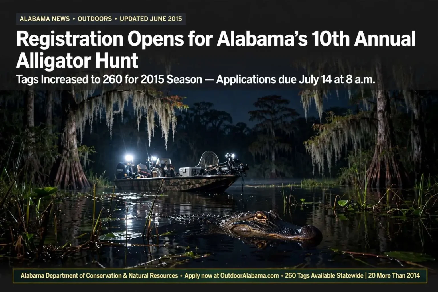 Illustration for the news story: Registration Opens for Alabama’s 10th Annual Alligator Hunt, With Tags Increased to 260