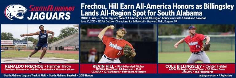 Illustration for the news story: Frechou, Hill Earn All-America Honors as Billingsley Lands All-Region Spot for South Alabama