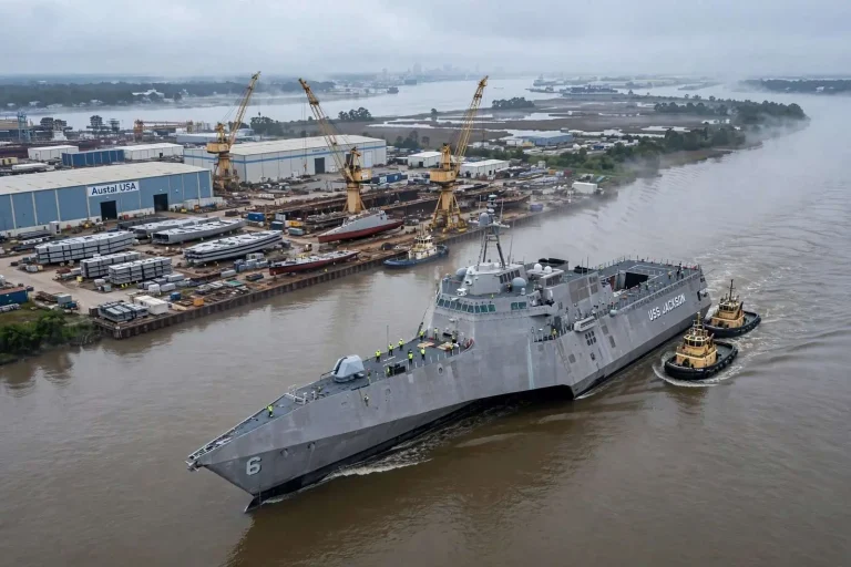 Illustration for the news story: USS Jackson Heads Down the Mobile River for Builder’s Sea Trial