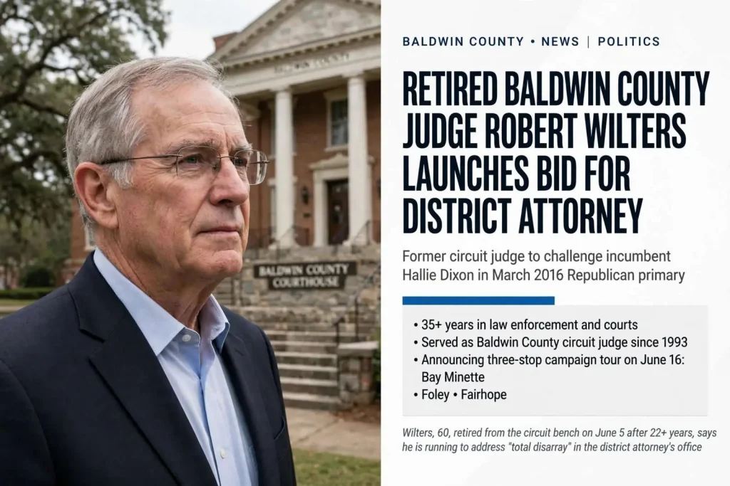 Illustration for the news story: Retired Baldwin County Judge Robert Wilters Launches Bid for District Attorney