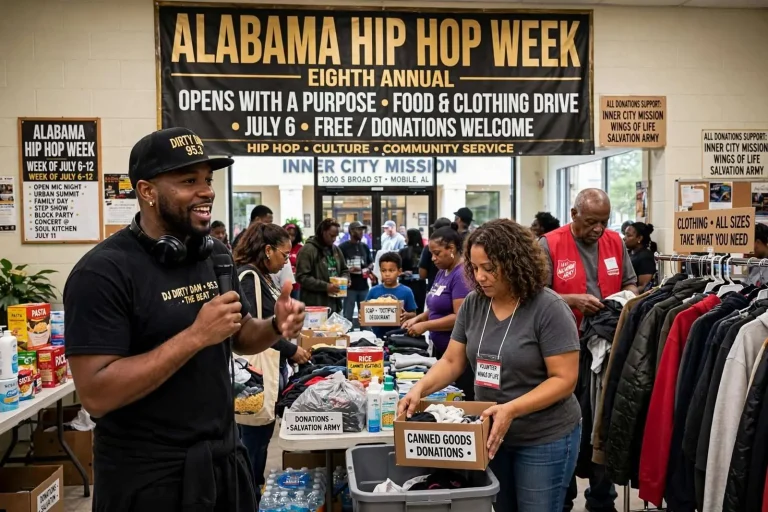 Illustration for the news story: Alabama Hip Hop Week Opens With Mobile Food and Clothing Drive