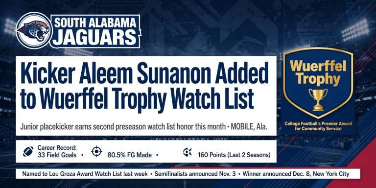 Illustration for the news story: South Alabama Kicker Aleem Sunanon Added to Wuerffel Trophy Watch List