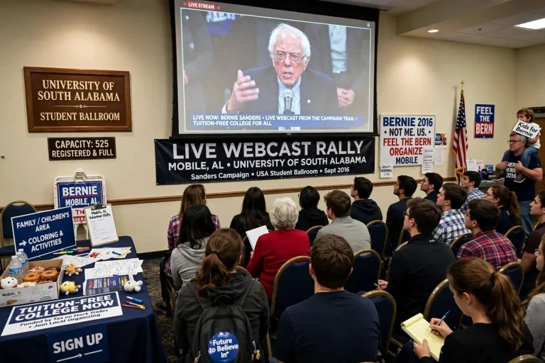 Illustration for the news story: Bernie Sanders Campaign Holds Live Webcast Rally at USA in Mobile
