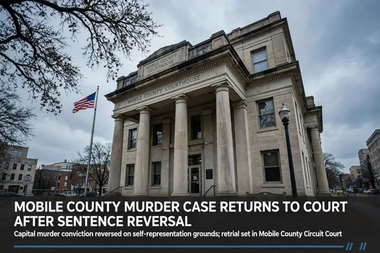 Illustration for the news story: Mobile County Murder Case Returns to Court After Sentence Reversal