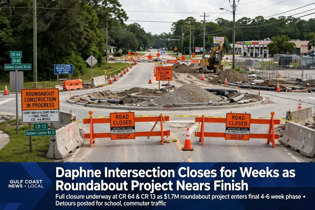 Illustration for the news story: Daphne Intersection Closes for Weeks as Roundabout Project Nears Finish