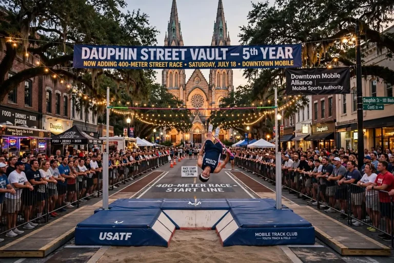 Illustration for the news story: Dauphin Street Vault Adds 400-Meter Race to Fifth Year of Downtown Mobile Pole Vault Party