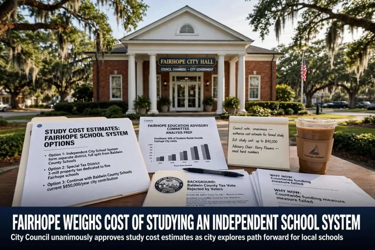 Illustration for the news story: Fairhope Weighs Cost of Studying an Independent School System