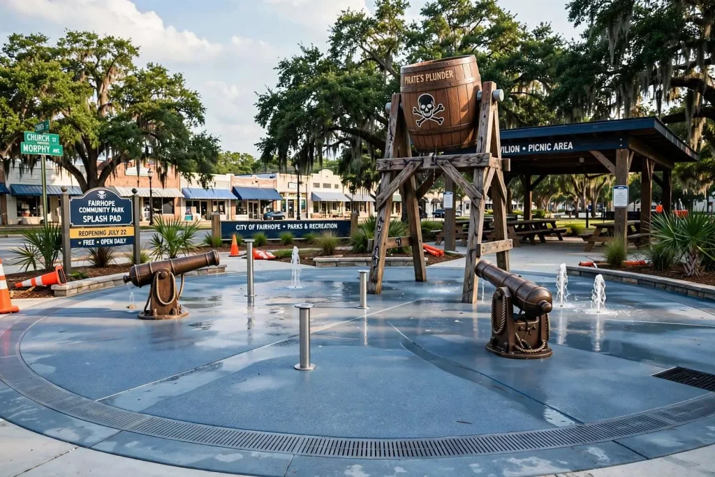 Illustration for the news story: Fairhope’s Rebuilt Splash Pad Set to Reopen This Month