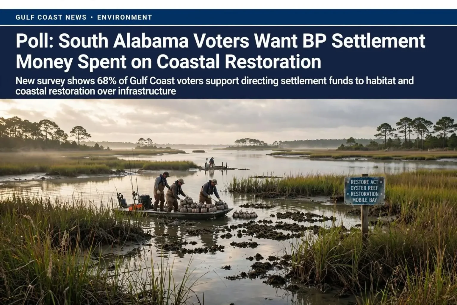 Illustration for the news story: Poll: South Alabama Voters Want BP Settlement Money Spent on Coastal Restoration