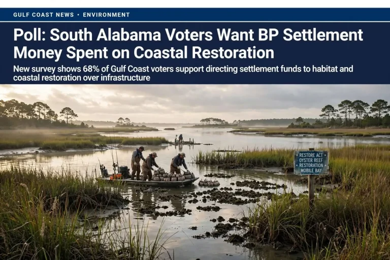 Illustration for the news story: Poll: South Alabama Voters Want BP Settlement Money Spent on Coastal Restoration
