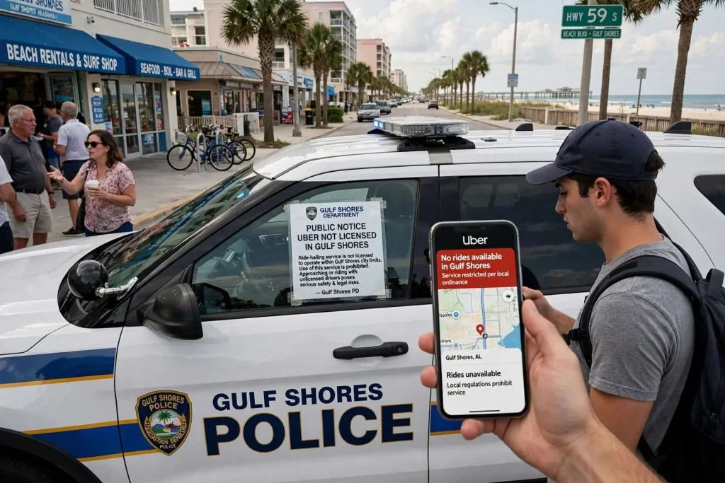 Illustration for the news story: Gulf Shores Police Warn Public Against Using Uber, Draw Pushback