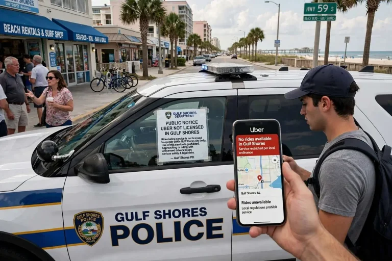 Illustration for the news story: Gulf Shores Police Warn Public Against Using Uber, Draw Pushback
