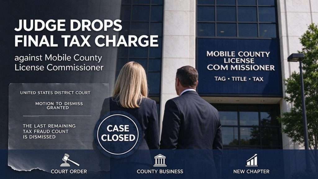 Illustration for the news story: Judge Drops Final Tax Charge Against Mobile County License Commissioner