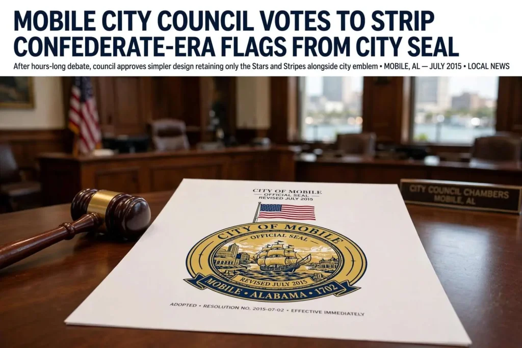 Illustration for the news story: Mobile City Council Votes to Strip Confederate-Era Flags From City Seal