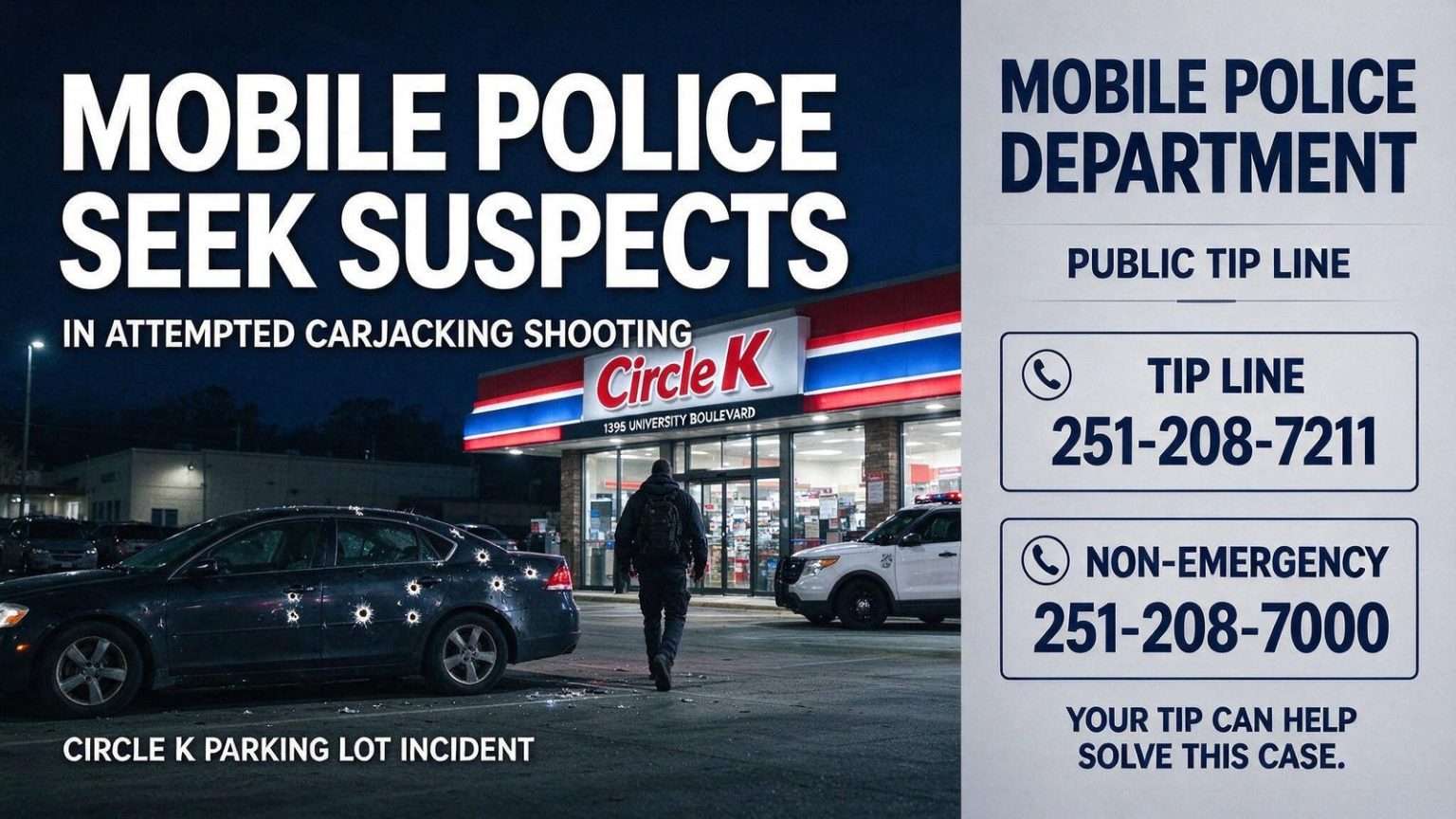 Illustration for the news story: Mobile Police Seek Suspects in Attempted Carjacking Shooting