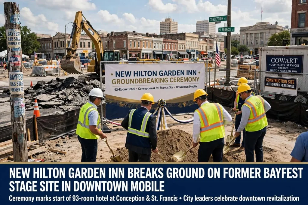 Illustration for the news story: New Hilton Garden Inn Breaks Ground on Former BayFest Stage Site in Downtown Mobile