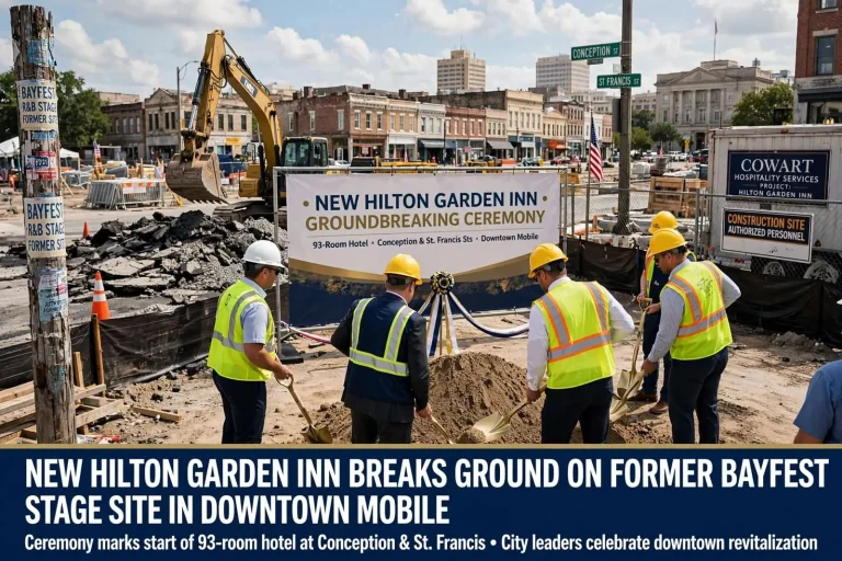 Illustration for the news story: New Hilton Garden Inn Breaks Ground on Former BayFest Stage Site in Downtown Mobile