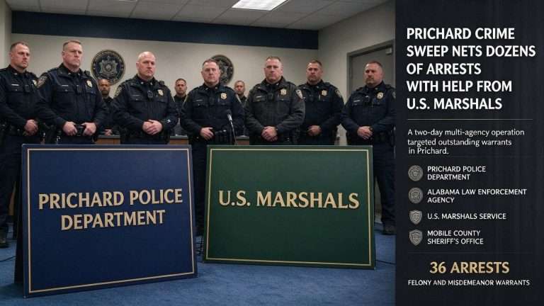 Illustration for the news story: Prichard Crime Sweep Nets Dozens of Arrests With Help From U.S. Marshals