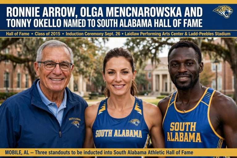Illustration for the news story: Ronnie Arrow, Olga Mencnarowska and Tonny Okello Named to South Alabama Hall of Fame
