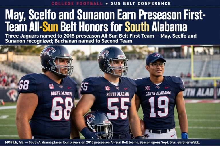 Illustration for the news story: May, Scelfo and Sunanon Earn Preseason First-Team All-Sun Belt Honors for South Alabama