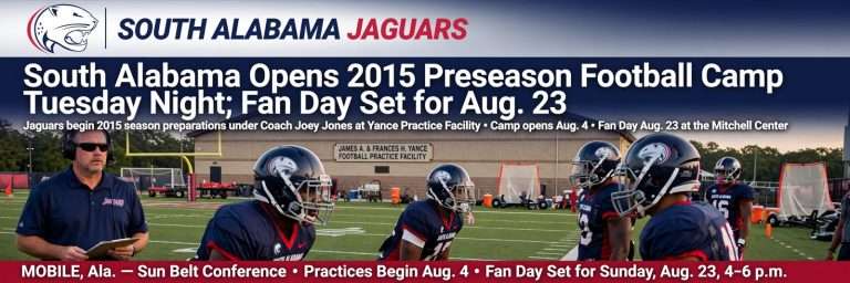 Illustration for the news story: South Alabama Opens 2015 Preseason Football Camp Tuesday Night; Fan Day Set for Aug. 23