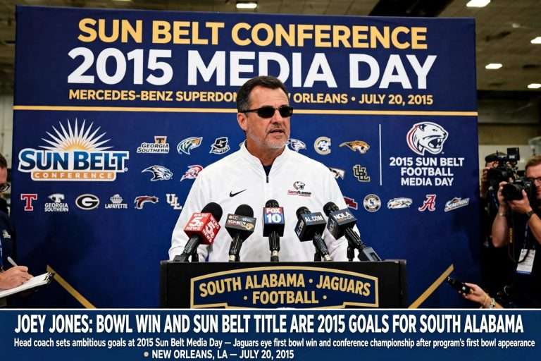 Illustration for the news story: Joey Jones Sets Bowl Win, Sun Belt Title as Goals at 2015 Sun Belt Media Day