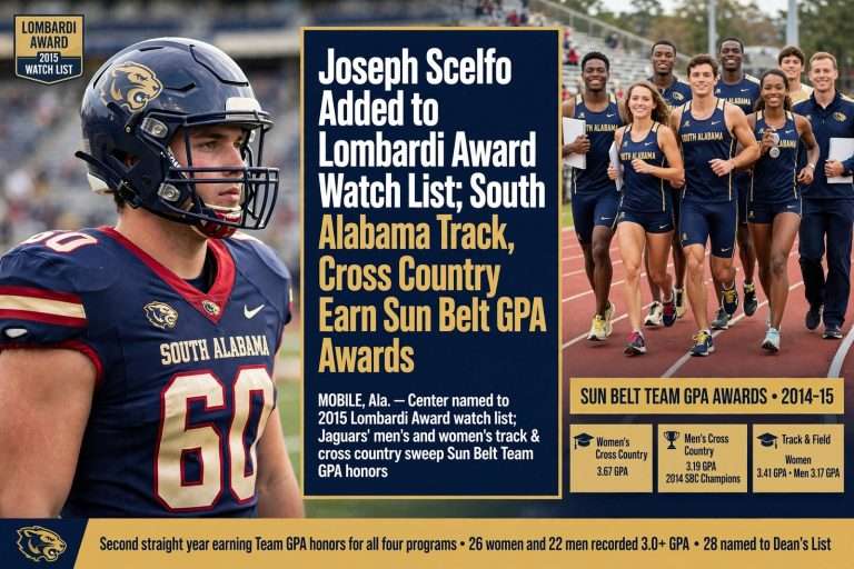 Illustration for the news story: Joseph Scelfo Added to Lombardi Award Watch List; South Alabama Track, Cross Country Earn Sun Belt GPA Awards