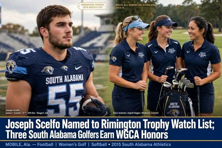 Illustration for the news story: Joseph Scelfo Named to Rimington Trophy Watch List; Three South Alabama Golfers Earn WGCA Honors