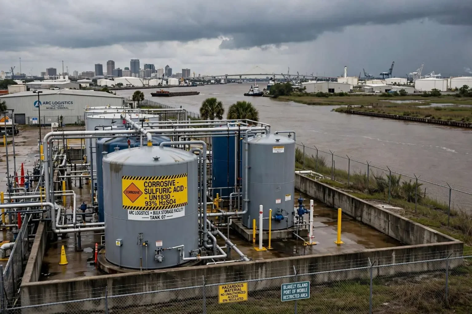 Illustration for the news story: Arc Logistics Admits It Was Already Storing Sulfuric Acid in Mobile Before Permit Vote