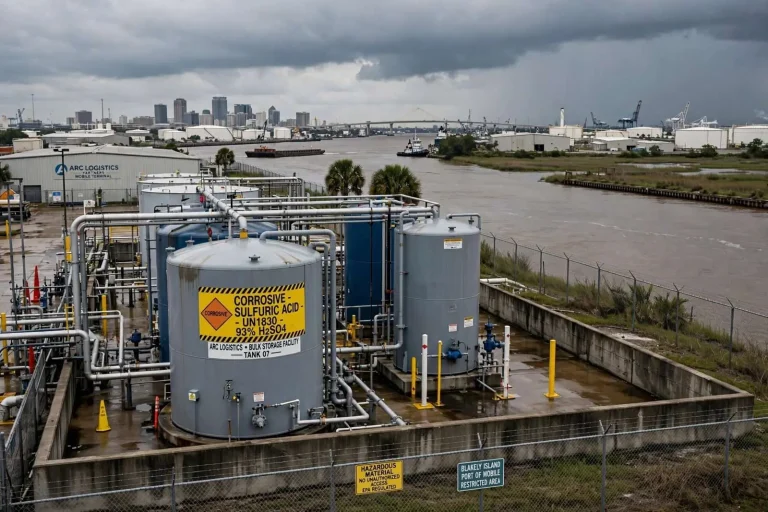 Illustration for the news story: Arc Logistics Admits It Was Already Storing Sulfuric Acid in Mobile Before Permit Vote