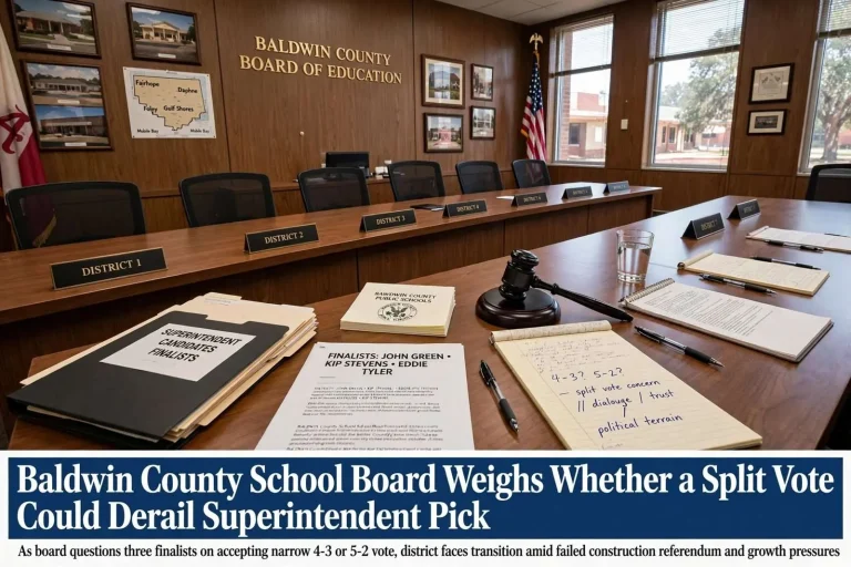 Illustration for the news story: Baldwin County School Board Weighs Whether a Split Vote Could Derail Superintendent Pick