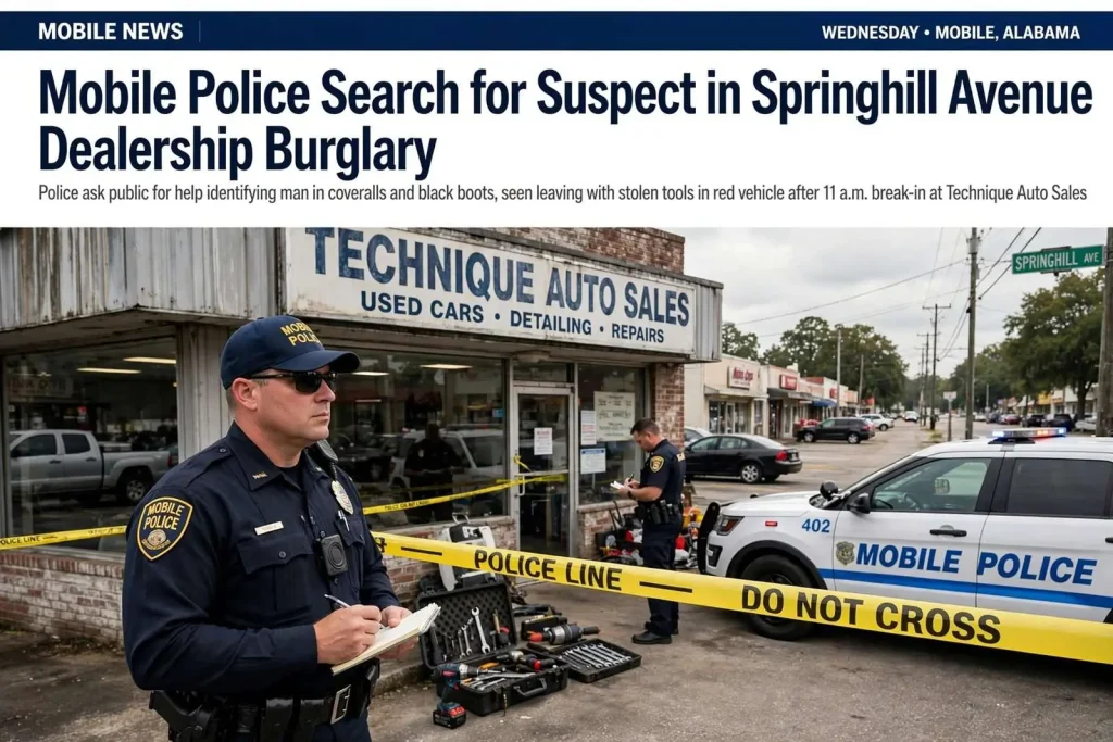 Illustration for the news story: Mobile Police Search for Suspect in Springhill Avenue Dealership Burglary
