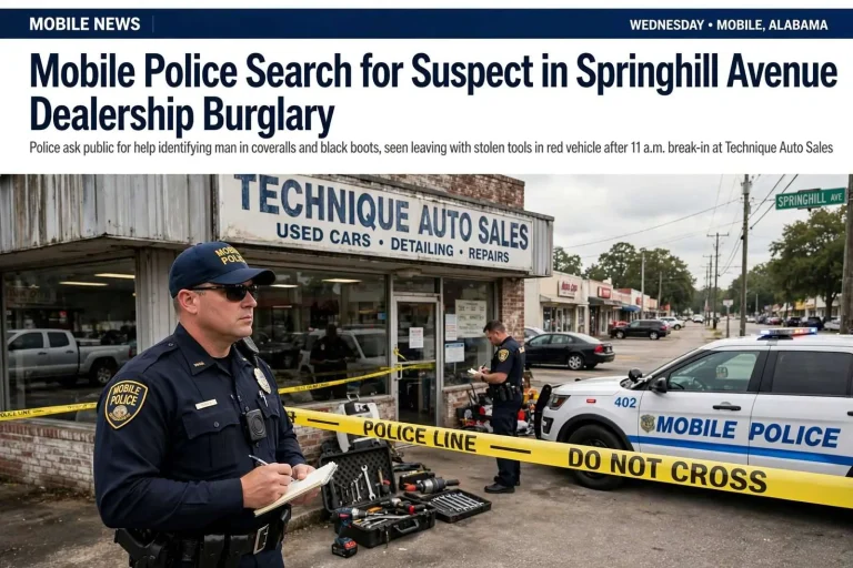 Illustration for the news story: Mobile Police Search for Suspect in Springhill Avenue Dealership Burglary