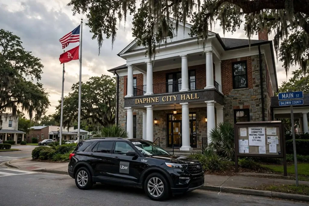 Illustration for the news story: Daphne Weighs Uber Rules as Ridesharing Debate Spreads Across Baldwin County