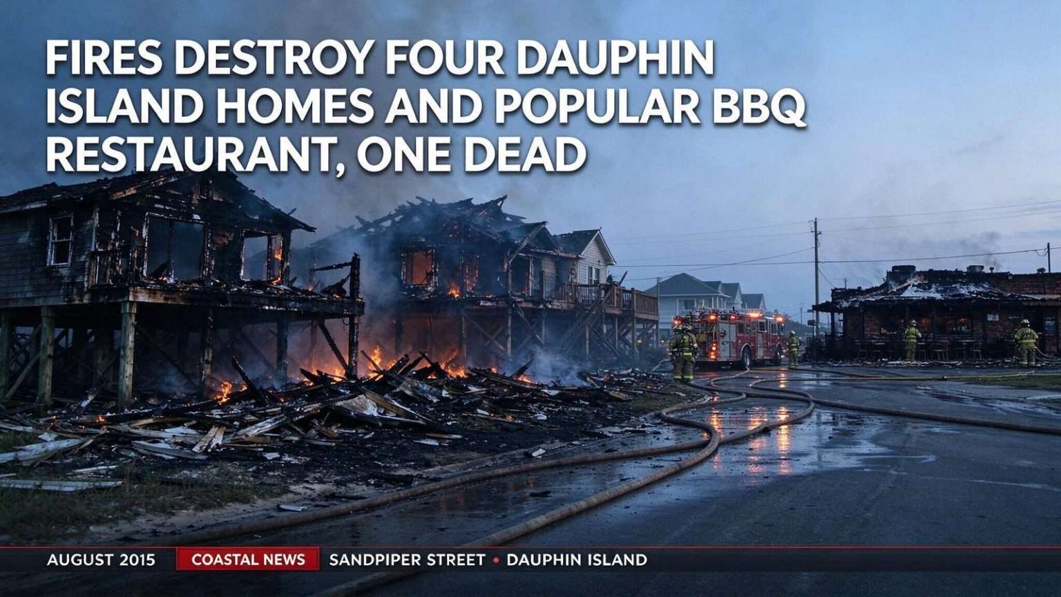 Illustration for the news story: Fires Destroy Four Dauphin Island Homes and Popular BBQ Restaurant, One Dead