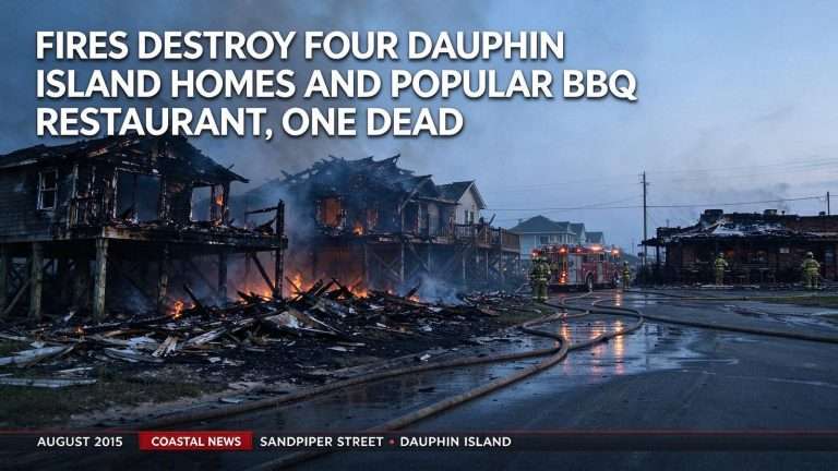 Illustration for the news story: Fires Destroy Four Dauphin Island Homes and Popular BBQ Restaurant, One Dead