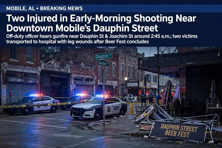 Illustration for the news story: Two Injured in Early-Morning Shooting Near Downtown Mobile’s Dauphin Street