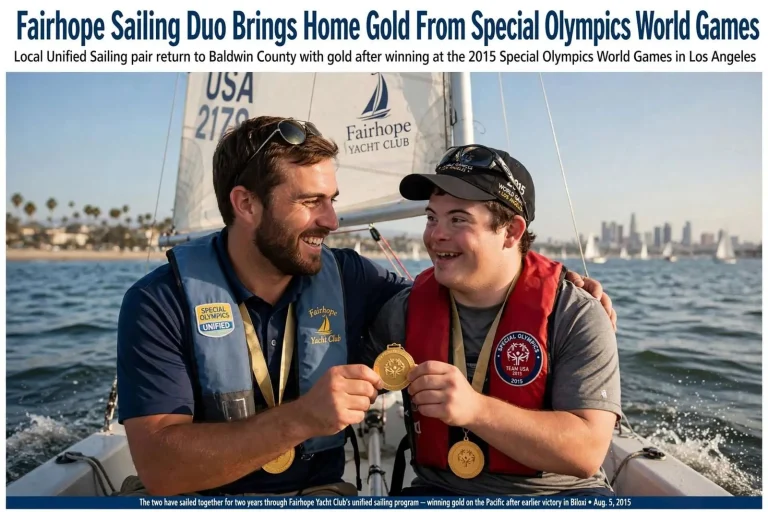 Illustration for the news story: Fairhope Sailing Duo Brings Home Gold From Special Olympics World Games