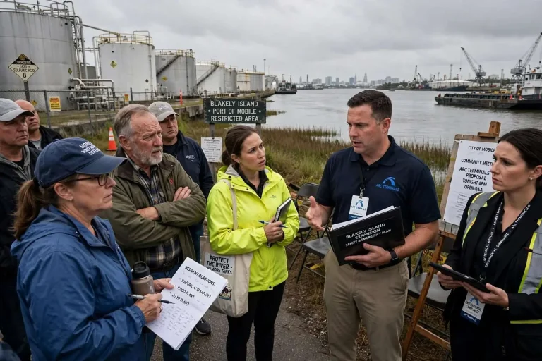 Illustration for the news story: Mobile Residents to Question Arc Terminals Officials on Waterfront Storage Tanks