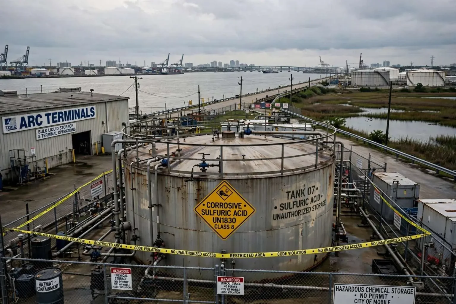 Illustration for the news story: Mobile Hits Arc Terminals, Trading Partner With Maximum Daily Fines Over Illegal Acid Storage
