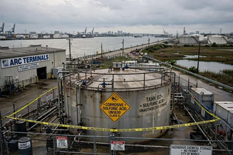 Illustration for the news story: Mobile Hits Arc Terminals, Trading Partner With Maximum Daily Fines Over Illegal Acid Storage