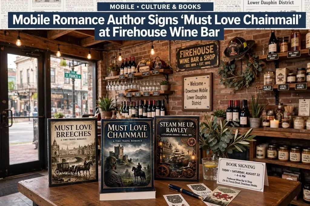 Illustration for the news story: Mobile Romance Author Angela Quarles Signs ‘Must Love Chainmail’ at Firehouse Wine Bar